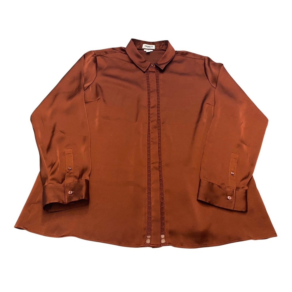 Express Portofino Shirt Womens XL Rust Brown Satin Button Up Long Sleeve Slim